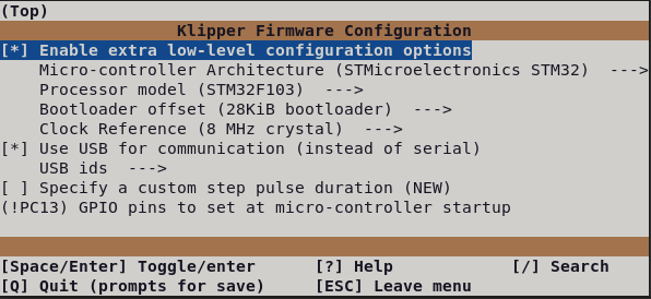 Klipper compilation config menu